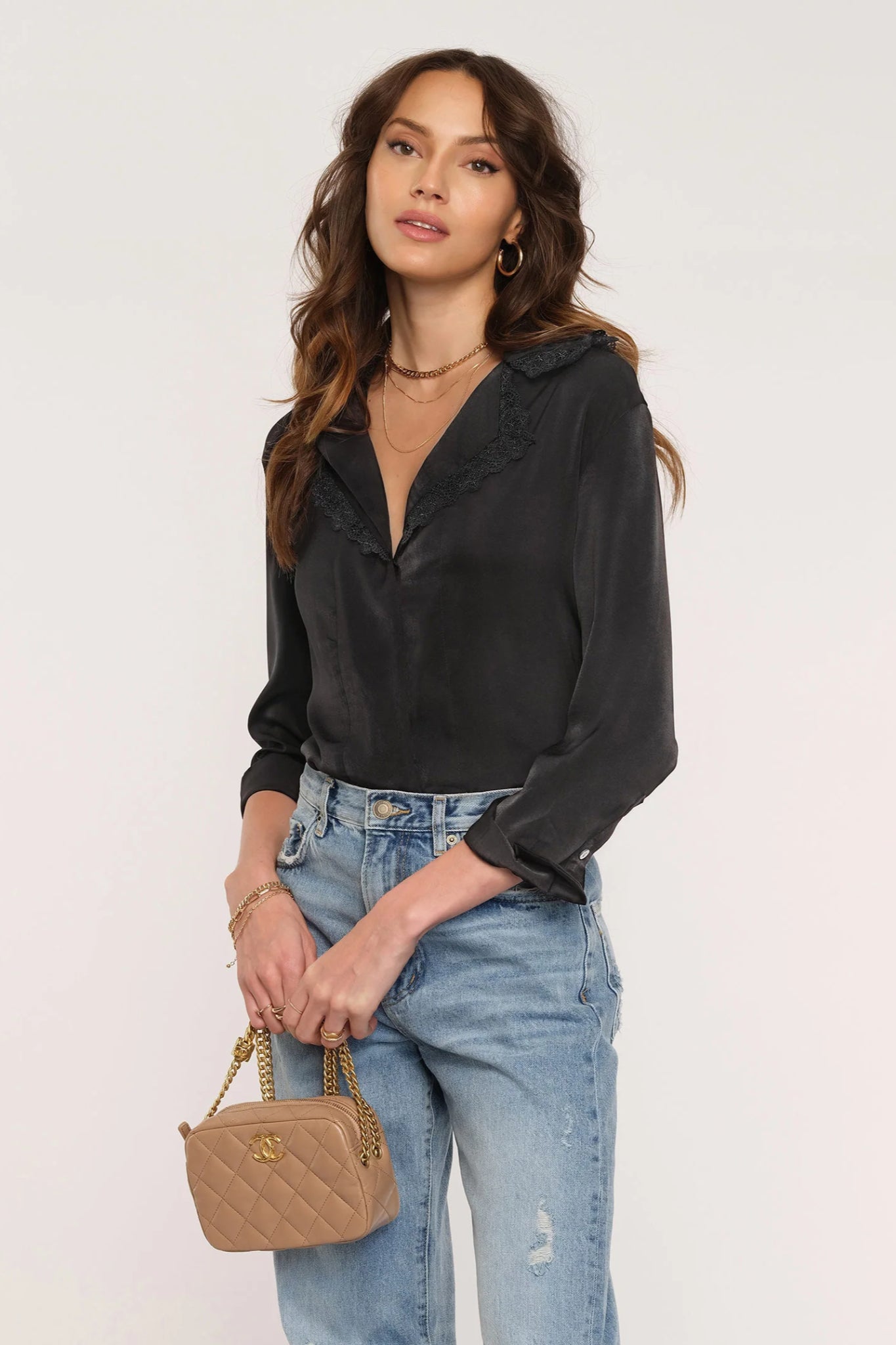 Velvet Glow Lace Collar Blouse