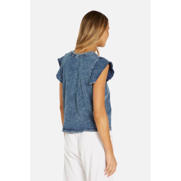 Midnight Bloom Short Sleeve Acid Denim Tee