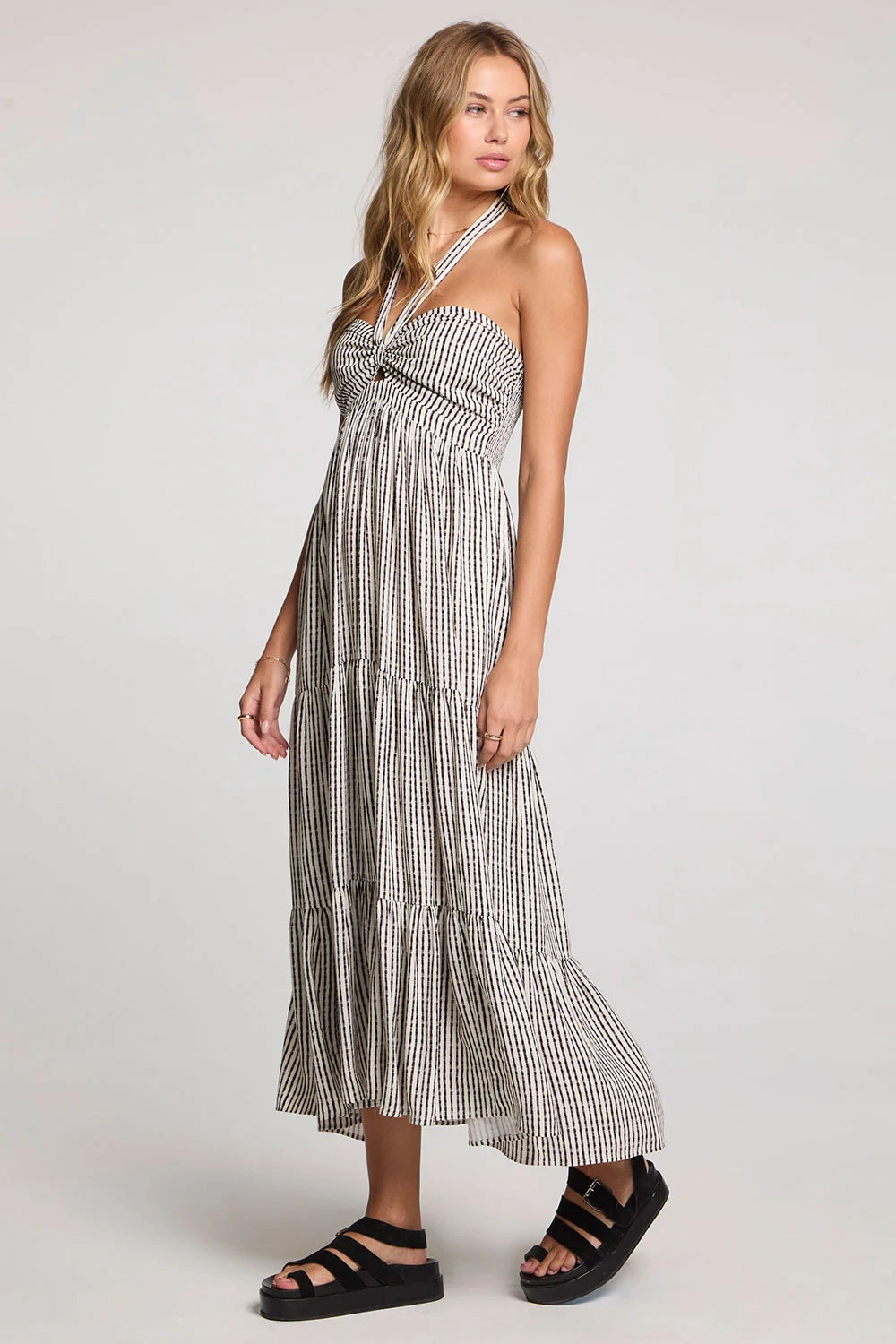 Golden Pulse Halter Midi Dress